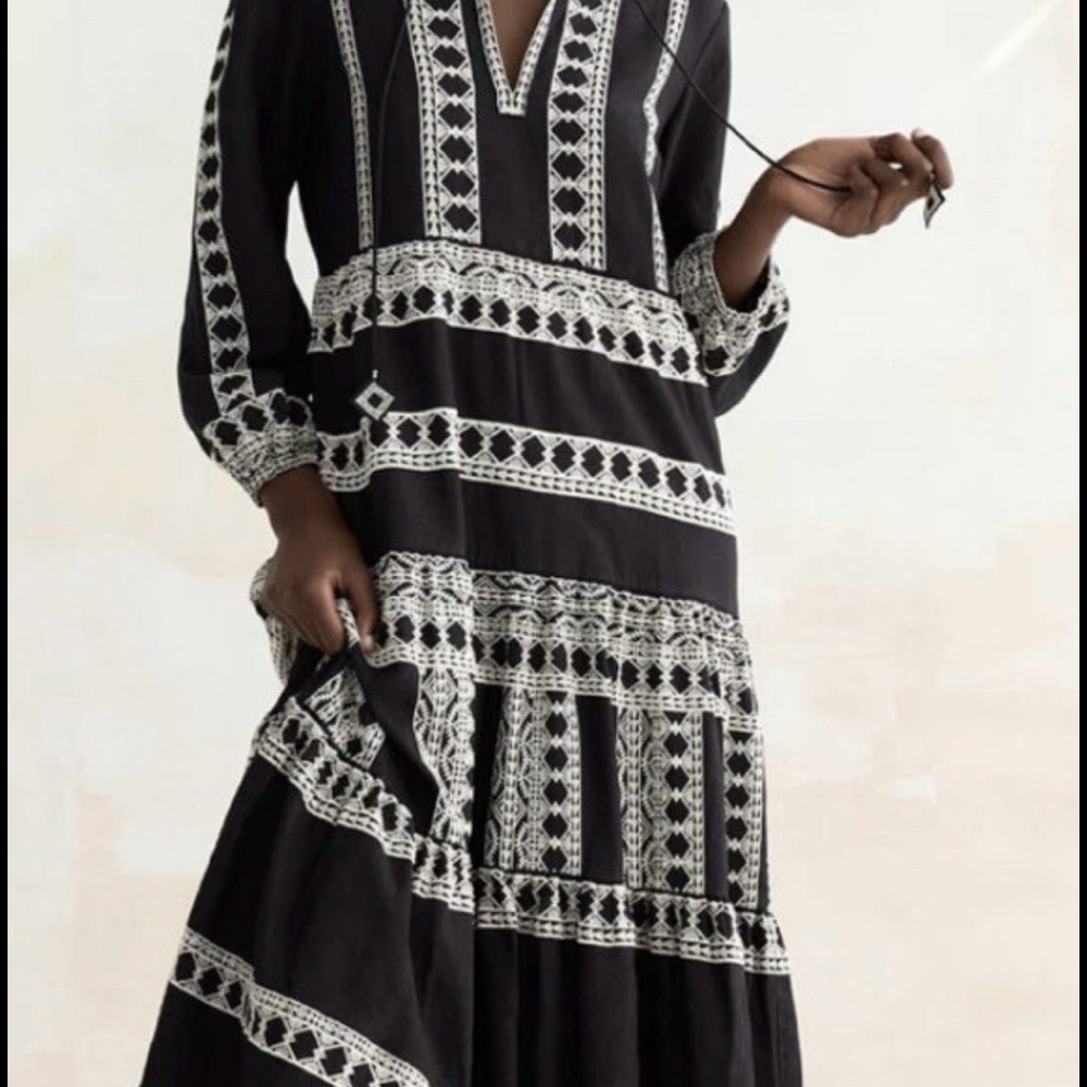 Zara Black and White Embroidered Bohemian Linen Dress - XL - Picture 2 of 11